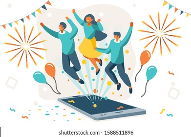 Company contract greeting, successful agreement idea. Friendship to success, friend congratulation. Joy to flying joyful on the air to celebrate an achievement. Young celebration leader. Flat vector.