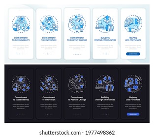 Company core ideals onboarding mobile app page screen with concepts. Commitment walkthrough 5 steps graphic instructions. UI, UX, GUI vector template with linear night and day mode illustrations