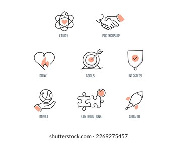 Company Core Values Color monoline style line Icons for Websites or Infographics. Editable Stroke.