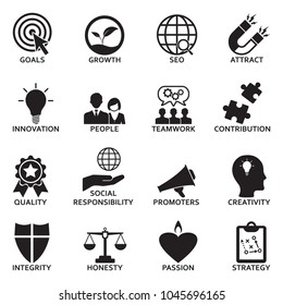 Company Core Values Icons. Black Flat Design. Vector Illustration. 