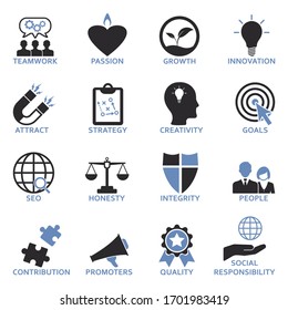 Company Core Values Icons. Two Tone Flat Design. Vector Illustration.