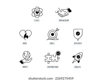 Valores centrales de la empresa Iconos de línea de estilo monolíneo para sitios web o infografías. Stroke editable.