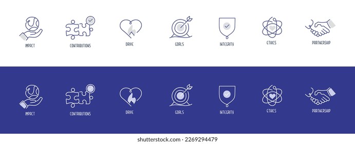 Company Core Values monoline style blue line Icons for Websites or Infographics. Editable Stroke.