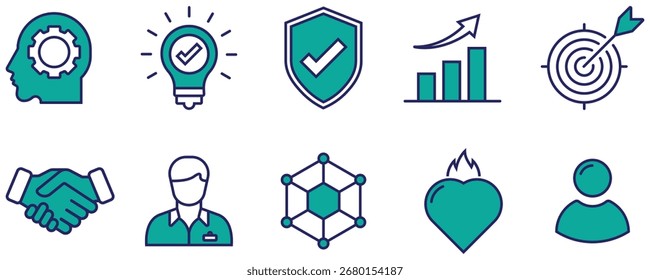 Ícone de Estrutura de Tópicos de Valores Principais da Empresa Definido para Web e Infográficos