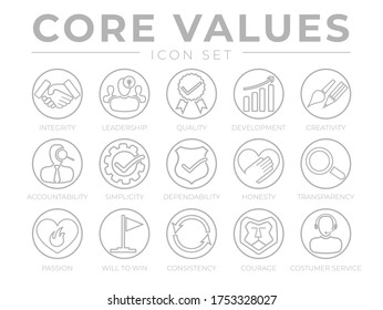 Company Core Values Round Outline Web Icon Set. Integrity, Leadership, Quality And Development, Creativity, Accountability, Simplicity, Dependability Transparency, Passion, Will To Win, Consistency