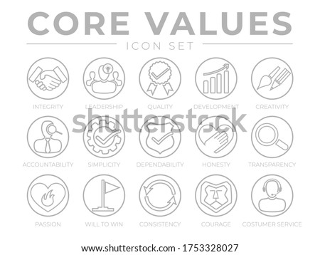 Company Core Values Round Outline Web Icon Set. Integrity, Leadership, Quality and Development, Creativity, Accountability, Simplicity, Dependability Transparency, Passion, Will to win, Consistency
