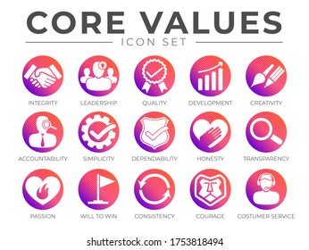 Company Core Values Round Web Icon Set. Integrity, Leadership, Quality Development, Creativity, Accountability, Dependability, Honesty, Transparency, Passion, Will to win, Consistency, Courage Icons