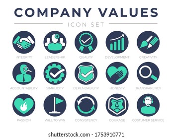 Company Core Values Round Web Icon Set. Integrity, Leadership, Quality and Development, Creativity, Accountability, Simplicity, Dependability, Honesty, Transparency, Passion, Customer Service Icons.