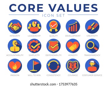 Company Core Values Round Web Icon Set. Integrity, Leadership, Quality and Development, Creativity, Accountability, Simplicity, Dependability, Passion, Will to win, Consistency, Courage and Customer service