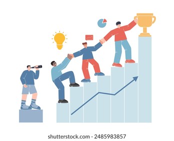 Company corporate teamwork reaching target climbing in chart arrow helping each other collaboration 