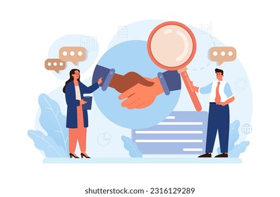 Company credibility. Brand reputation based on customer loyalty and trust. Corporate public relations strategy. Security of data. Flat vector illustration