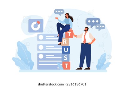 Company credibility. Brand reputation based on customer loyalty and trust. Corporate public relations strategy. Security of data. Flat vector illustration