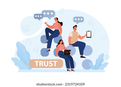 Company credibility. Brand reputation based on customer loyalty and trust. Corporate public relations strategy. Security of data. Flat vector illustration