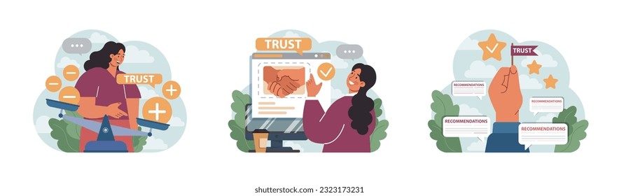 Company credibility set. Brand reputation based on customer loyalty and trust. Corporate public relations strategy. Security of data. Flat vector illustration