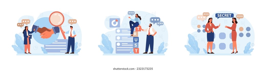 Company credibility set. Brand reputation based on customer loyalty and trust. Corporate public relations strategy. Security of data. Flat vector illustration