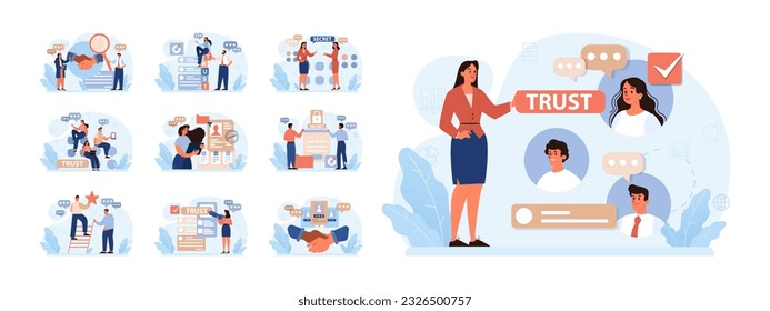 Company credibility set. Brand reputation based on customer loyalty and trust. Corporate public relations strategy. Security of data. Flat vector illustration