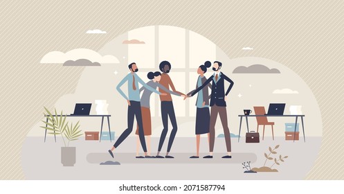 Company culture ideology and multicultural business values tiny person concept. Professional work goals, attitudes and practices vector illustration. Multiracial job community and unity principles.