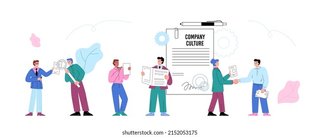 Company culture policy banner with business people arranging documents for law compliance and regulation, flat vector illustration isolated on white background.