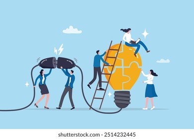 Company culture, teamwork or collaboration for success, colleague or employee engagement, collaboration or cooperate synergy for business growth concept, business people help building lightbulb ideas.