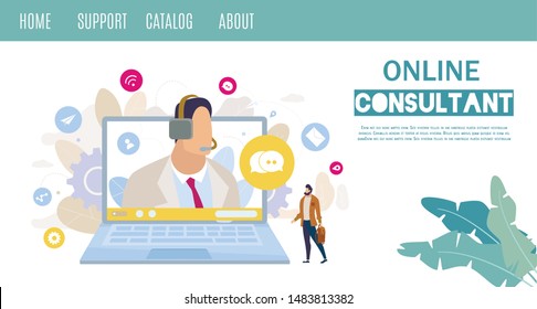 Company Customers Online Support and Consulting Service or Hot Line Flat Vector Web Banner, Landing Page Template. Man Asking Question, Searching Technical Advice, Messaging to Helpline Illustration