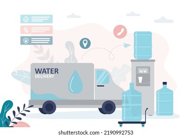 Company delivers gallons of water for coolers. Truck full of plastic water bottles for customers. Fast delivery of fresh mineral aqua. Transporting large volume of liquid. Flat vector illustration