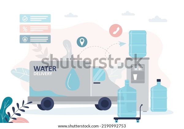 Company delivers gallons of water for\
coolers. Truck full of plastic water bottles for customers. Fast\
delivery of fresh mineral aqua. Transporting large volume of\
liquid. Flat vector\
illustration