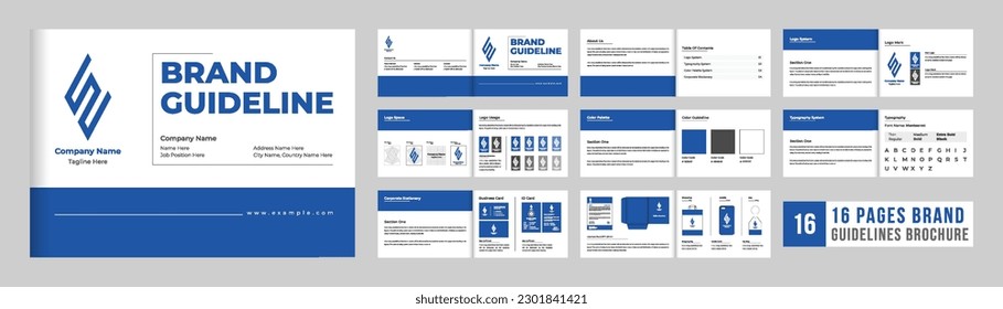 Company design guideline booklet template vector with blue and dark colors. Corporate design manual and color palette vector for guidance. Brand identity manual magazine layout vector.