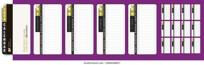 Company Desk Calendar 2024 Day Planner or Diary design in nice purple color background. vector eps unique 12 month planner card design.