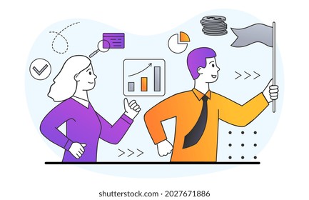 Concepto de desarrollo de la empresa. Líder con la bandera en las manos lidera el éxito de su equipo y compañía. Crecimiento de las ventas y calidad del servicio. Dibujo vectorial plano del doodle de dibujos animados aislado en fondo blanco