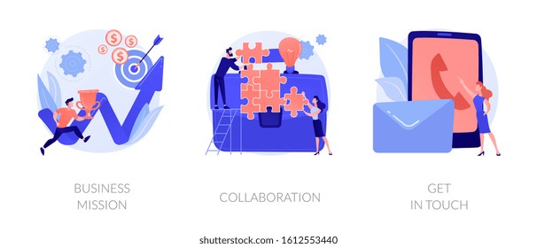 Company Development Direction, Team Building Exercise, Corporate Communication Icons Set. Business Mission, Collaboration, Get In Touch Metaphors. Vector Isolated Concept Metaphor Illustrations