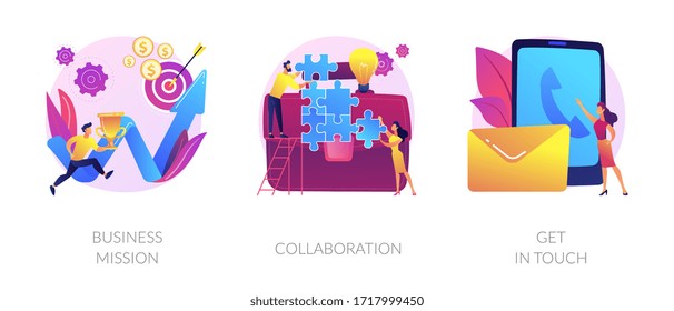 Company Development Direction, Team Building Exercise, Corporate Communication Icons Set. Business Mission, Collaboration, Get In Touch Metaphors. Vector Isolated Concept Metaphor Illustrations