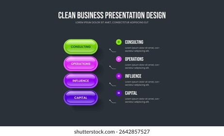 Company Development Slide Template Vector Illustration. Professional Plan 4 Element Diagram Frame Layout. Corporate Performance Four Step Infographic Presentation Design.