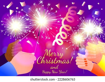 A company different races  people celebrates the New Year  Christmas card and sparklers in hands   confetti  Vector illustration and holiday fireworks  Merry Christmas   Happy New Year!