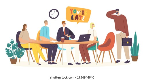 Company Director Scolding Unpunctual Manager Character for Being too Late at Meeting, Missing Deadline or Not Finishing Work on Time, Pointing on Wristwatch. Cartoon People Vector Illustration
