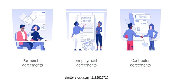 Company documentation isolated concept vector illustration set. Partnership agreements, employment work contract, contractor documents, corporate paperwork, legal business vector cartoon.