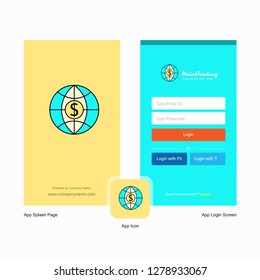 Company Dollar globe  Splash Screen and Login Page design with Logo template. Mobile Online Business Template