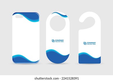 Company door hanger design for brand promotion. Brand identity template collection with blue color shapes. Business stationery design with a phone case. Branding design for advertisement.