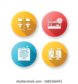Company dormitory flat design long shadow glyph icons set. Communal bathroom. Mixed bedroom. Neighborhood. Shared room. Common space. Corporate living accommodation. Silhouette RGB color illustration