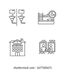 Company dormitory pixel perfect linear icons set. Communal bathroom. Mixed bedroom. Neighborhood. Shared room. Customizable thin line contour symbols. Vector outline illustrations. Editable stroke