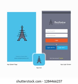 Company Eiffel tower Splash Screen and Login Page design with Logo template. Mobile Online Business Template