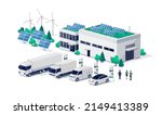 Company electric cars fleet charging on fast charger station at logistic centre. Cargo transport delivery utility vehicles semi truck, van, business recharging renewable solar wind electricity energy.