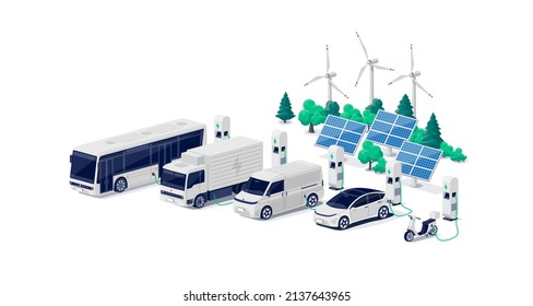 Company electric cars fleet charging on parking lot with fast charger station and many charger stalls. Bus, truck, van, motorcycle, business vehicles on renewable solar wind energy in network grid.