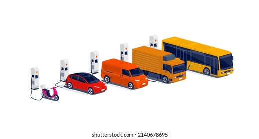 Company electric cars fleet charging on parking lot with fast charger station and many charger stalls. Bus, truck, van, motorcycle, business vehicles refuelling electricity on network grid.