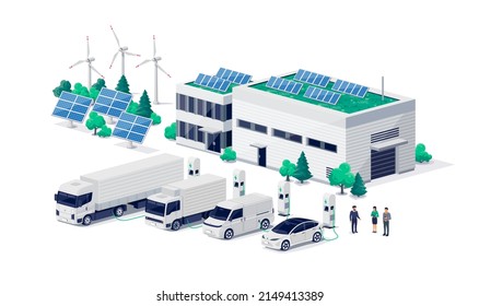 Company electric cars fleet charging on fast charger station at logistic centre. Cargo transport delivery utility vehicles semi truck, van, business recharging renewable solar wind electricity energy. - Shutterstock ID 2149413389