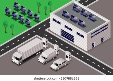 Die Firma Elektroautos die auf der Schnellladestation im Logistikzentrum aufgeladen werden. Lastkraftwagen, Lieferwagen, Lieferwagen, Unternehmen, die erneuerbare Solarenergie aufladen.
