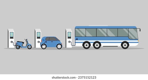 Company electric cars fleet charging on parking lot with fast charger station and many charger stalls 2d vector illustration concept for banner, website, landing page, flyer, etc