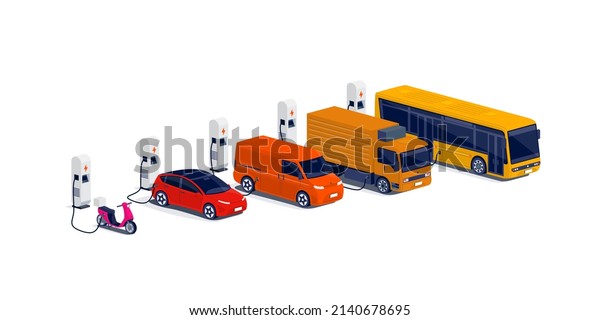 Company electric cars fleet charging on parking lot\
with fast charger station and many charger stalls. Bus, truck, van,\
motorcycle, business vehicles refuelling electricity on network\
grid.
