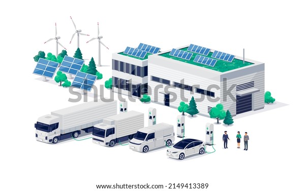 Company electric cars fleet charging on fast\
charger station at logistic centre. Cargo transport delivery\
utility vehicles semi truck, van, business recharging renewable\
solar wind electricity\
energy.