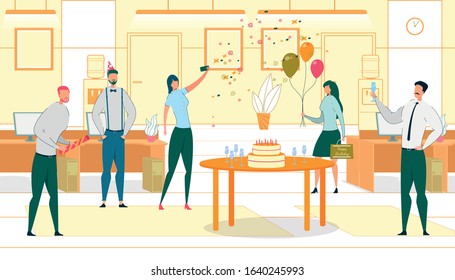 Company Employee Birthday Flat Vector Illustration. Cheerful Coworkers Celebrating Colleague B day Cartoon Characters. Friendly Corporate Staff, Surprise Party, Anniversary Congratulations