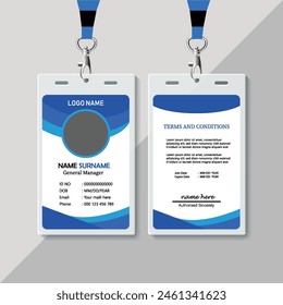 Plantilla de tarjeta de identificación de empleado de empresa. Plantilla de tarjeta de identificación de negocios moderna y limpia. Plantilla de diseño de tarjeta de identificación profesional con color azul. Plantilla de diseño de tarjeta de identificación de negocios moderna corporativa.